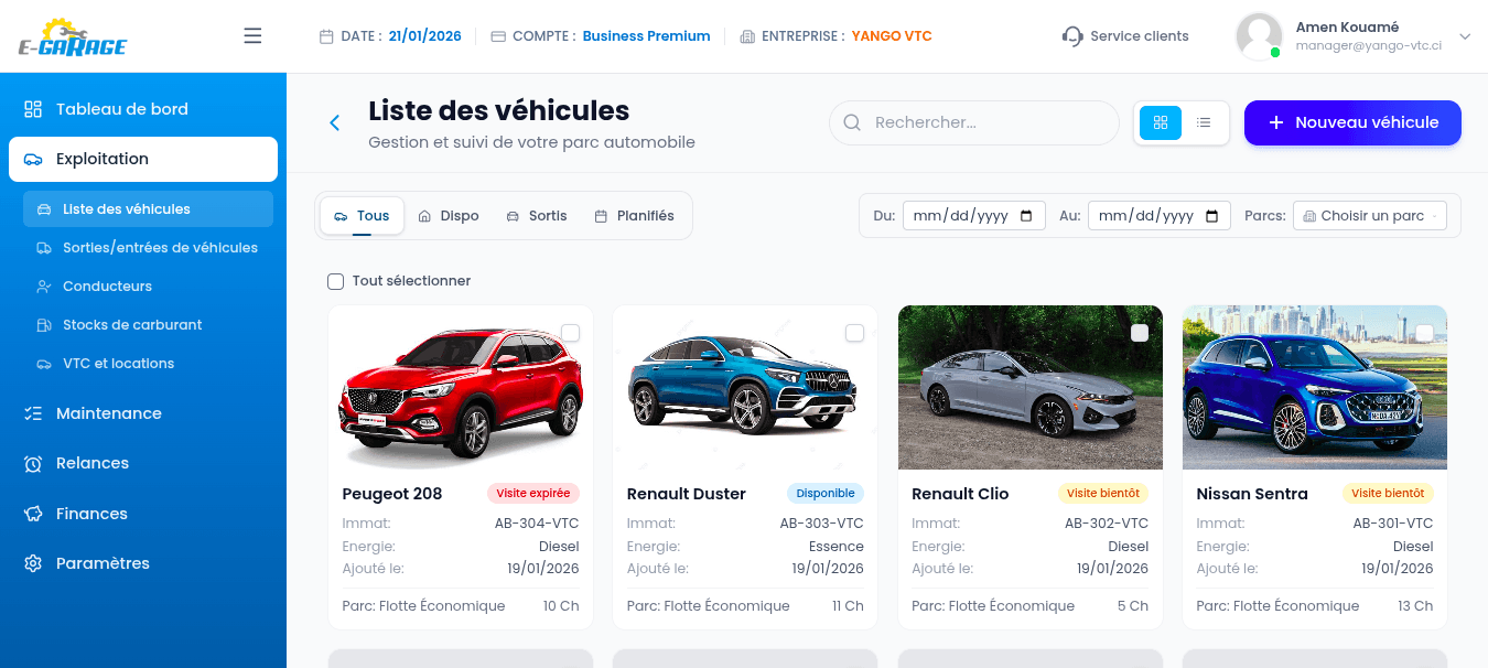 Liste des véhicules E-Garage